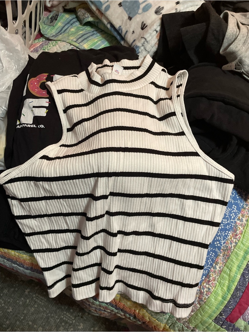 White Ribbed Sleeveless Mock Neck Tank with Black Stripes